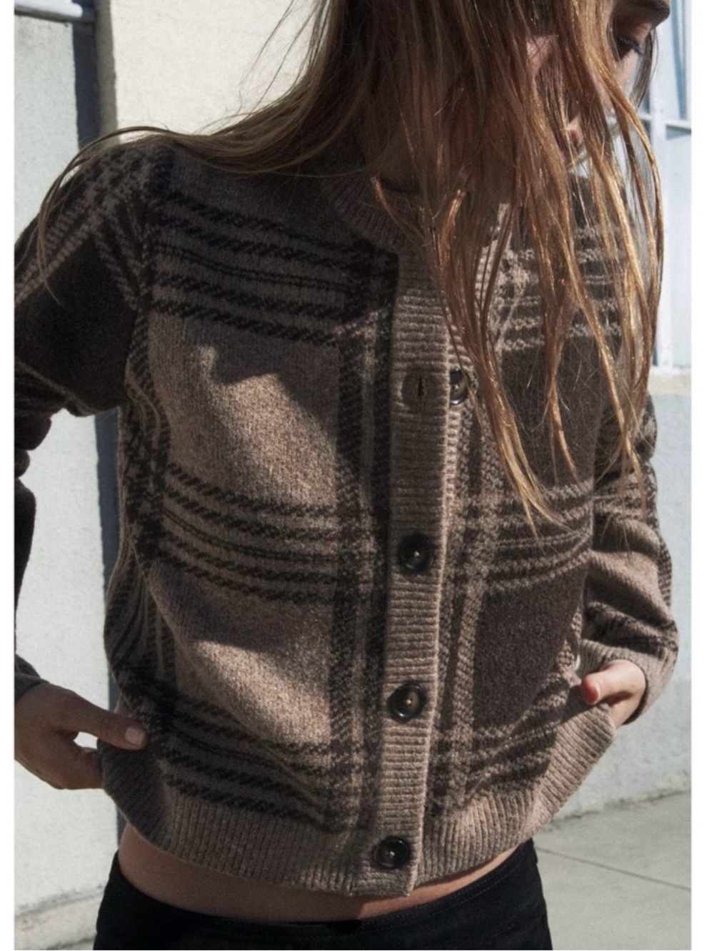 Zara Brown Plaid Knit Button-Up Sweater size XL